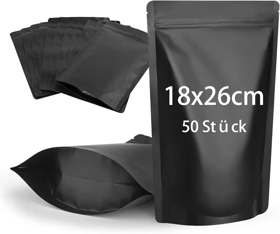 CANLENPK 50 Stück Wiederverschließbare Mylar Beutel,Standboden Beutel,Reißverschluss Folien Tasche,Lebensmittel Aufbewahrung, Matte Aluminiumfolie Hitzeversiegelbare Myla Bag(Schwarze,18 x 26 cm)