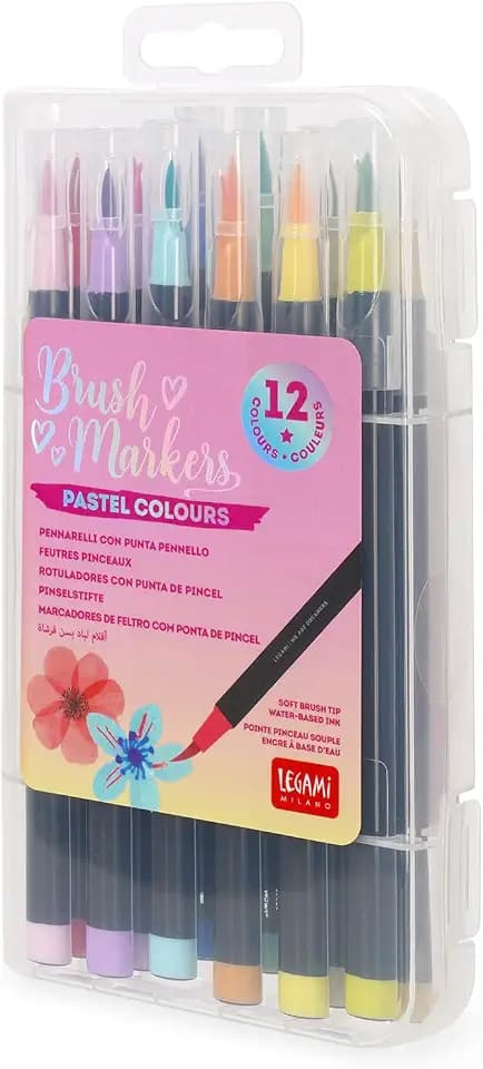 LEGAMI - Set mit 12 Filzstiften mit Pinselspitze - Brush Markers, flexible Spitze aus Nylonfaser, Filzstifte in 12 Pastellfarben, flüssige Striche und variable Breiten, Durchmesser Filzstift 1 cm