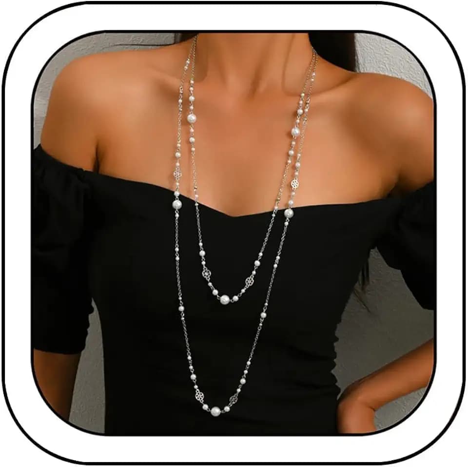 Long Pearl Necklaces for Women Trendy Layered Pearl Statement Necklace Dainty Long Chain Necklace Sweater Strand Chain Jewelry Gift