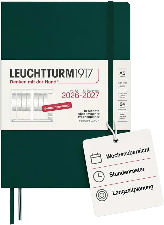 LEUCHTTURM1917 Wochenplaner 2027 Medium (A5) - Deutsch, Forest Green, 210 x 145 mm, Juli-Dezember (18 Monate), Wochenübersicht mit Stundenraster 7:00-22:00 je Spalte, Hardcover, 80 g/m² Papier