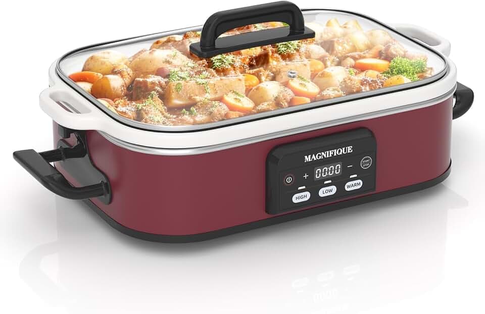 4 Quart Casserole Programmable Slow Cooker with Ceramic Baking Dish - Perfect Kitchen Small Appliance for Family Dinners, Oven Safe and Durable Bakeware for Lasagna, Roasts, Red