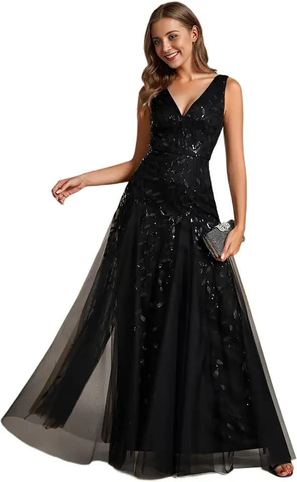 Ever-Pretty Women's Prom Dresses V Neck Sleeveless Tulle Hem A-Line Sequins Maxi Ball Gowns 02130