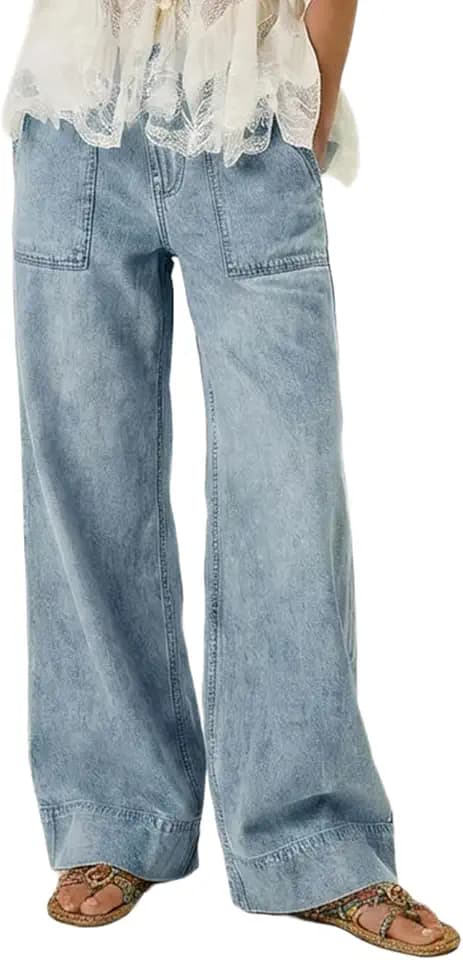 Women's Wide Leg Jeans Baggy Low Mid Rise Pull On Denim Pants Y2k