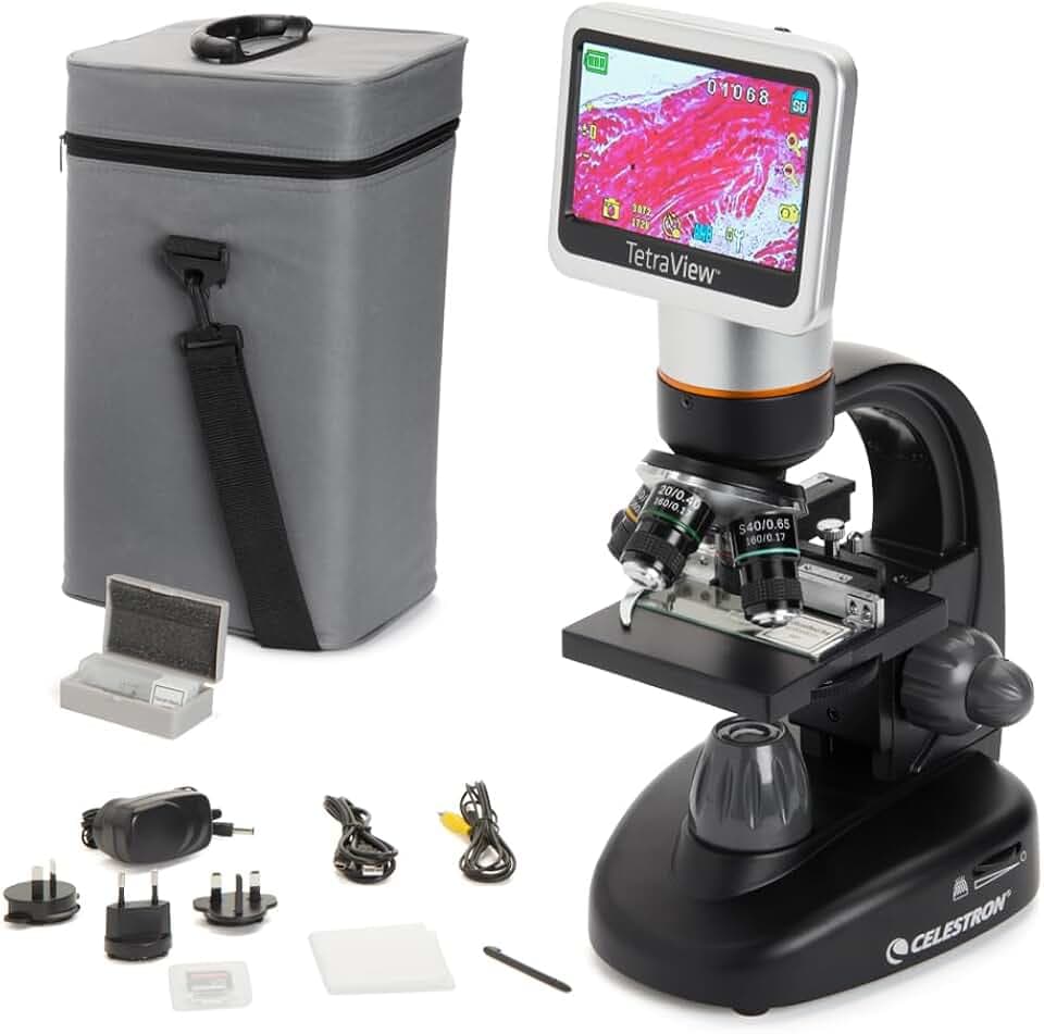 Celestron 44347 TetraView LCD Digitales Touchscreen-Mikroskop, 40- bis 400-fache Vergrößerung, Schwarz/Silber