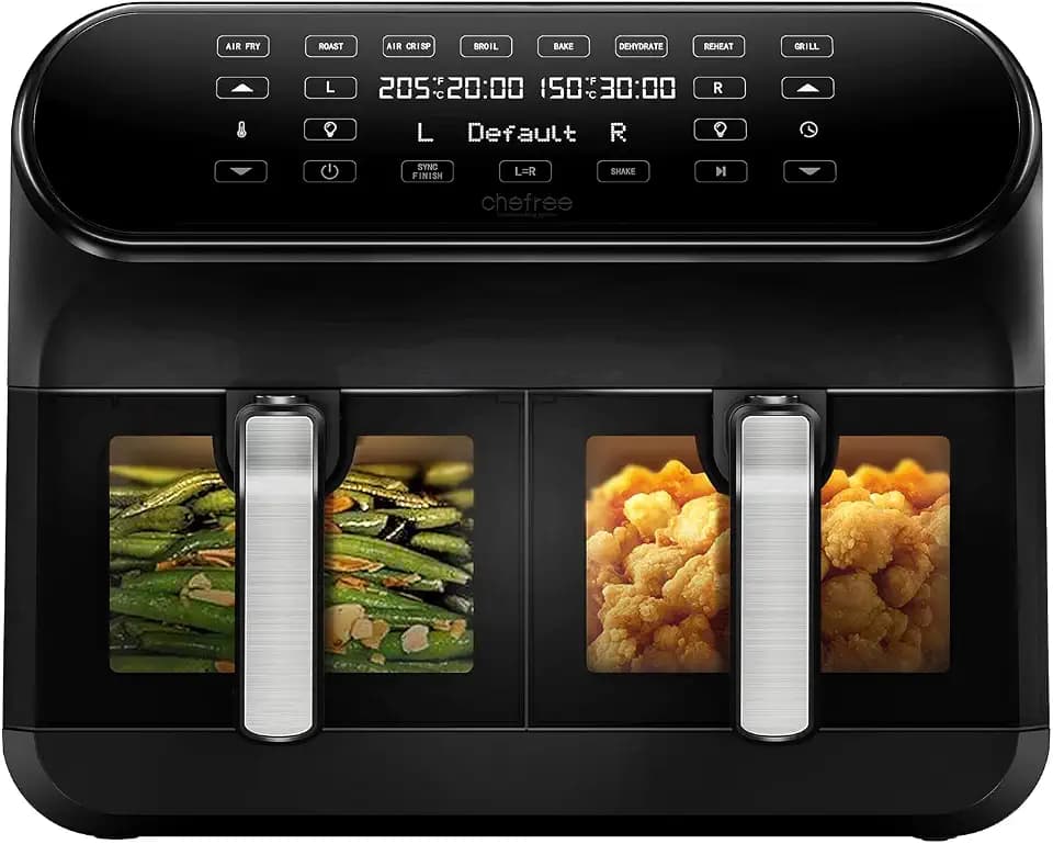 CHEFREE Dual Zone Heißluftfritteuse mit Sichtfenster, 8L XL Kapazität Doppel-Airfryer,LED-Touchscreen,Antihaftbeschichtung, 8-in-1 ,Smart und Timer-Funktion,spülmaschinenfeste Körbe,Schwarz,AFW20