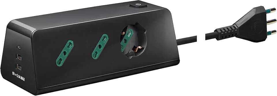 Vimar 00604.CC Mehrfachsteckdose mit Schalter und Kabel 2 m, 1 Universal SICURY Ausgang, 2 italienische Standard SICURY Ausgänge, 2 USB A Ausgänge und 1 USB C Ausgang, 16A Italienischer