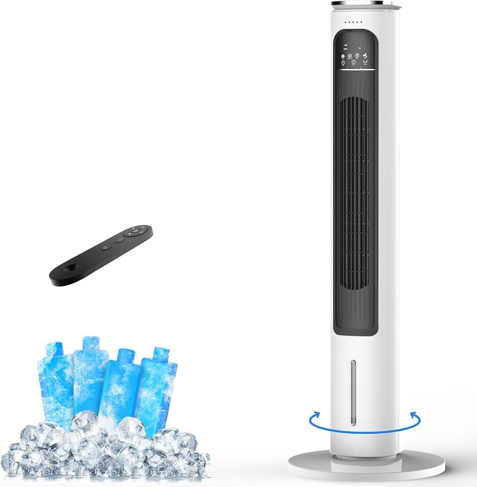 FLOWBREEZE 3-IN-1 Portable Air Conditioners Tower Fan,37'' Evaporative Air Cooler w/Remote,2.5L Water Tank With 4 Ice Packs,12H Smart Timer&70° Oscillating,3Speeds For Bedroom Living Room Office