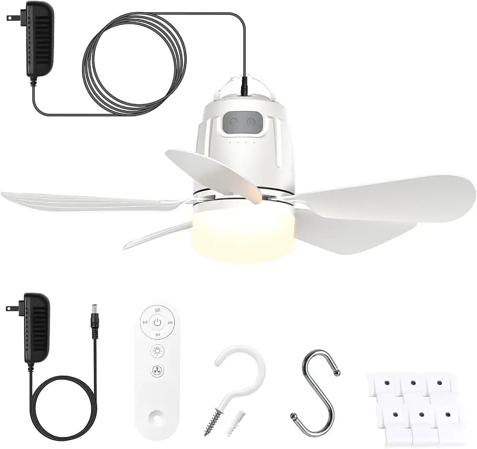 Gliztech Gazebo Fan Outdoor Hanging with Light, Patio Plug in Ceiling Fan with 16.5ft Cord, Remote & Hook, Portable for Outside Canopy, Pop up Tent, Pergola (20'')
