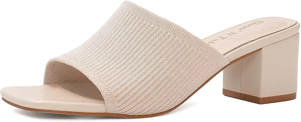Shoe'N Tale Heeled Sandals For Women Square Open Toe Heeled Mules Chunky Block Low Heel Slip On Slides
