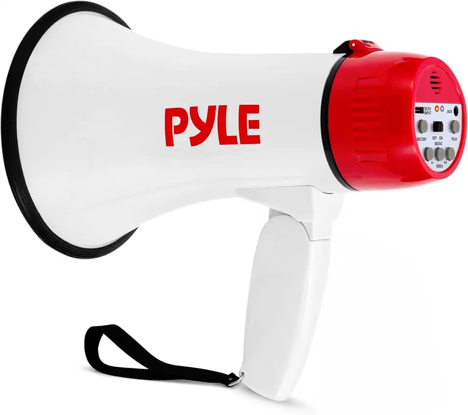 Pyle Rechargeable Bullhorn Megaphone with Voice Recording, AUX Input & Siren, USB-C Fast Charging, 1200-Yard Voice Range for Sports Coaching, Events & Crowd Control