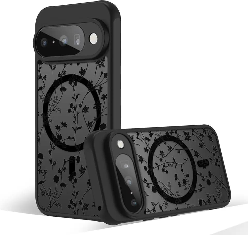 Magnetic Case for Google Pixel 10/10 Pro [Compatible with MagSafe] Cute Black Flower Floral Pattern Case for Women Girls Soft TPU Bumper Hard PC Back Anti-Fall Shockproof Protective Slim Cover