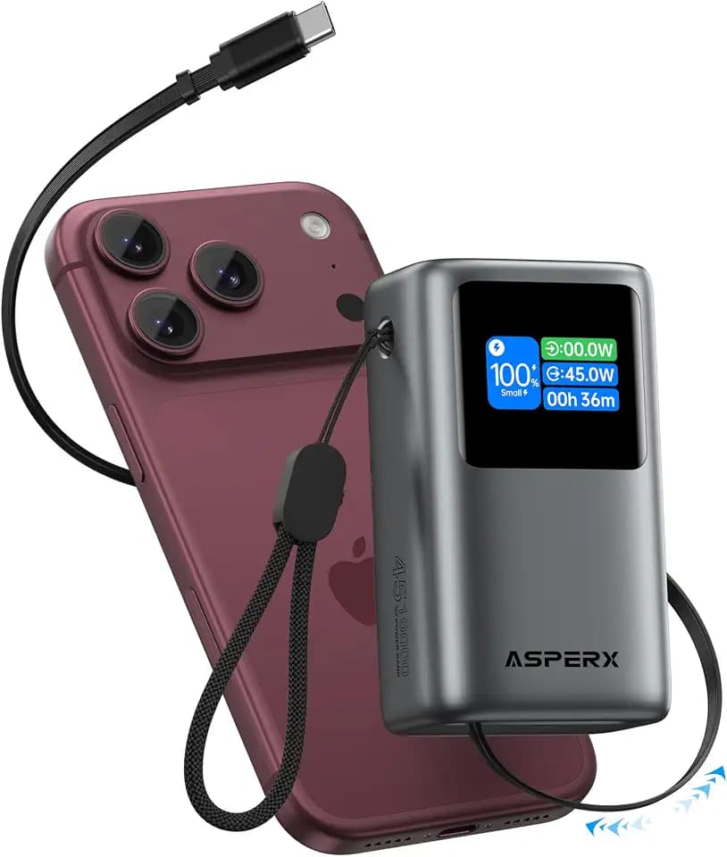AsperX Portable Charger Power Bank, 45W 10,000mAh, Retractable USB-C Cable