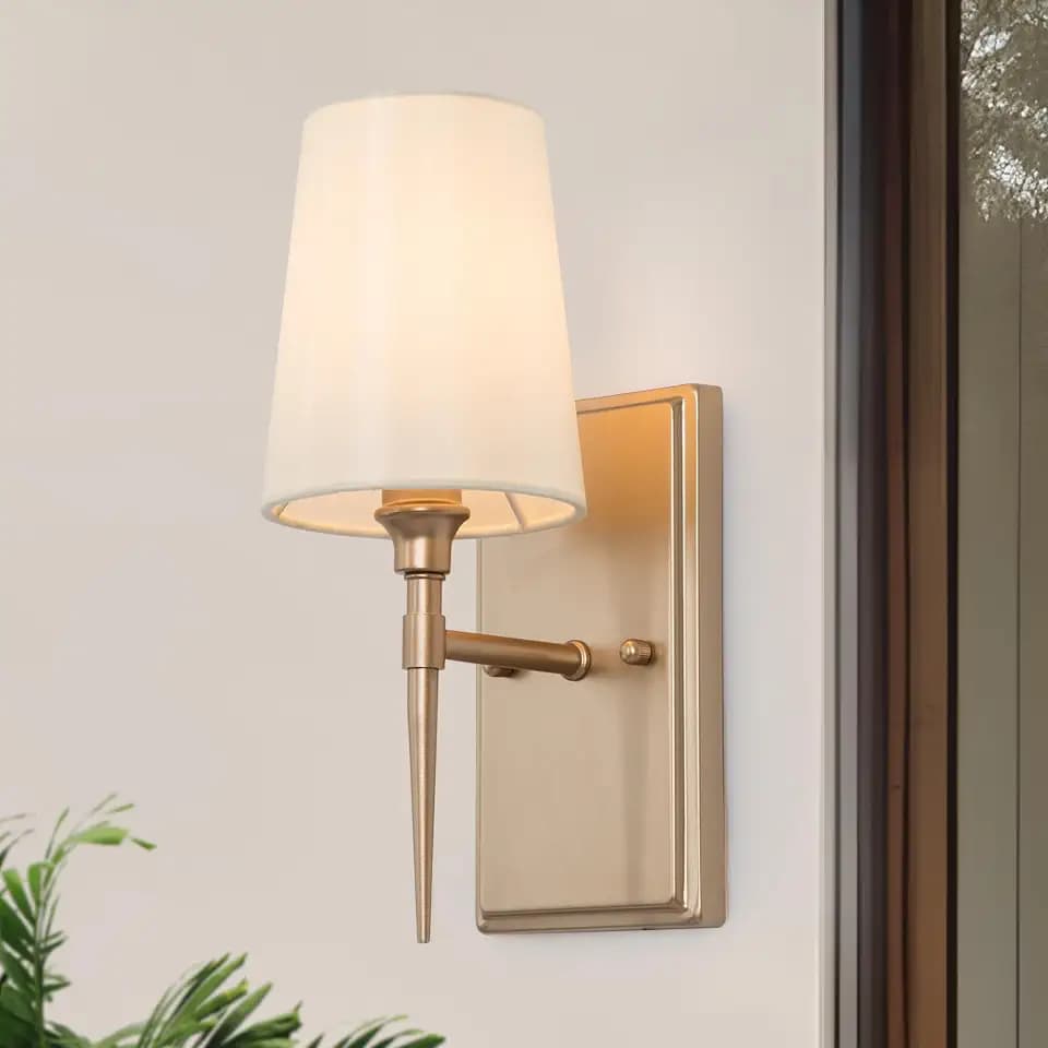 KSANA Sconces Wall Lighting, 1-Light Modern Gold Wall Sconces Indoor with White Fabric Shade, Wall Sconce Light Wall Lights for Bedroom, Living Room, Bathroom, Kitchen, Powder Room
