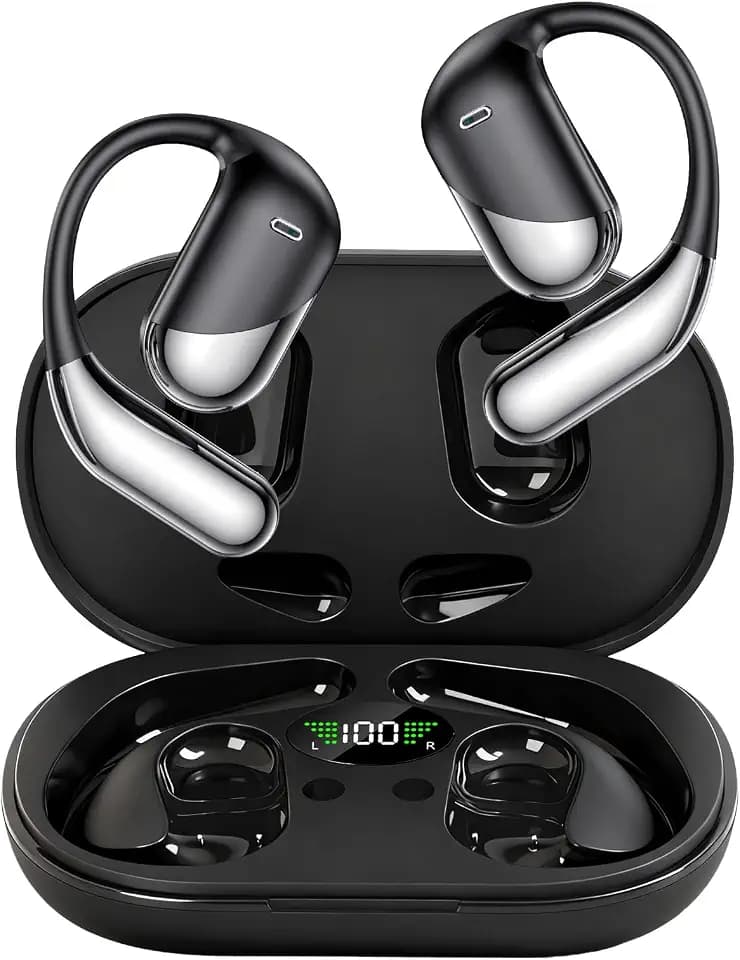Open Ear Clip Wireless Earbuds Bone Conduction Headphones，Built-in Mic, IPX7 Waterproof, LED Display Charging Case,Ear Hooks Ear Buds, Ultra-Comfort Bluetooth Earphones for Running Fitness,office gift