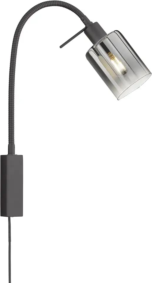 Fischer & Honsel | Wandspot flex, Bettleuchte, Iska | sandschwarz| Glas| rauchfarben zu klar| B: 8,50 cm, H: 40,00 cm, Ausl. Wand: 35,00 cm| Schnurschalter| 1x E14 max. 10,0 Watt| 30439