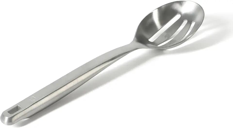 Calphalon Prime Slotted Spoon Skimmer, Stainless Steel Straining Spoon, Heavy-Gauge Heat-Resistant Kitchen Spoon for Draining, Cooking & Serving, Weighted Handle for Control