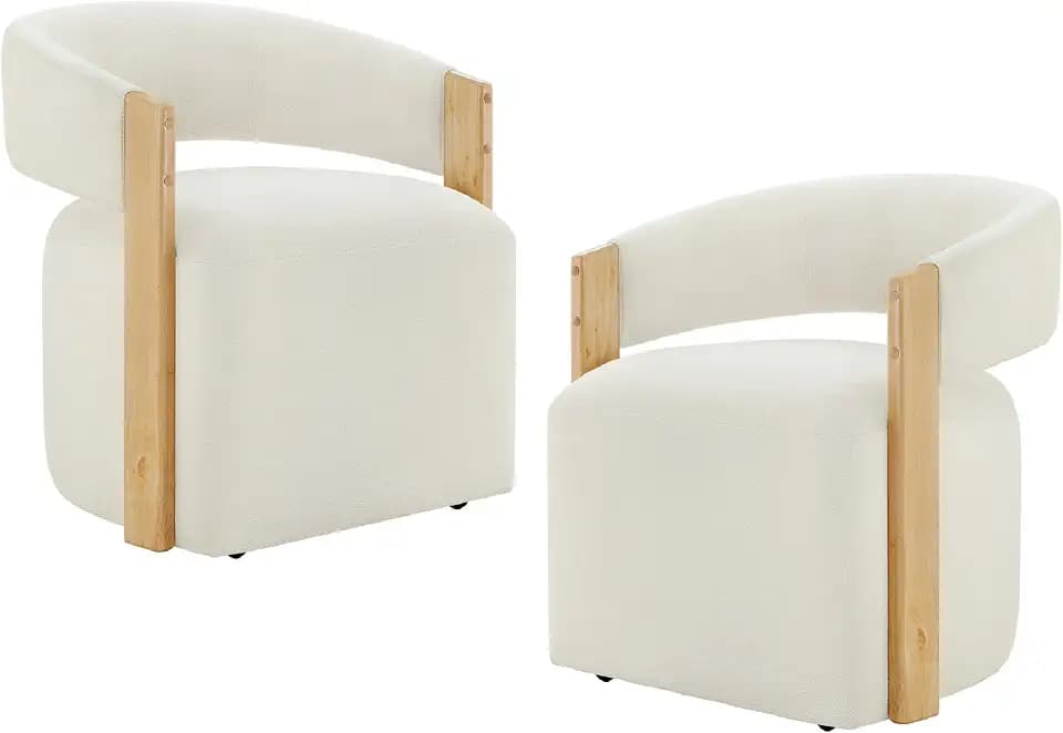 KISLOT Upholstered Dining Chairs with Casters, Modern Barrel Side Armchair with Rollers & Wooden Armrest for Dining Room, Bedroom, Kitchen, Reading Room, Beige, Set of 2
