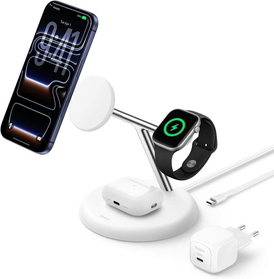 Belkin UltraCharge 3-in1 Induktive-Ladestation mit Qi2, 25W – Weiß