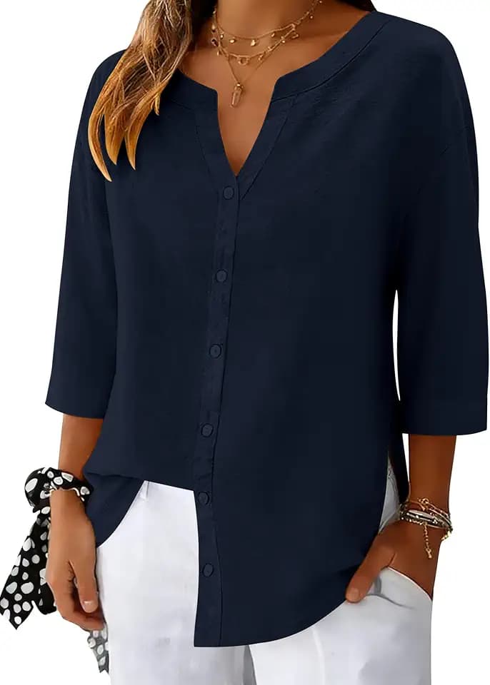 LOMON 3/4 Length Sleeve Womens Tops V Neck 3/4 Sleeve Sides Slit Button Down Shirts Cotton Linen Casual Loose Blouses