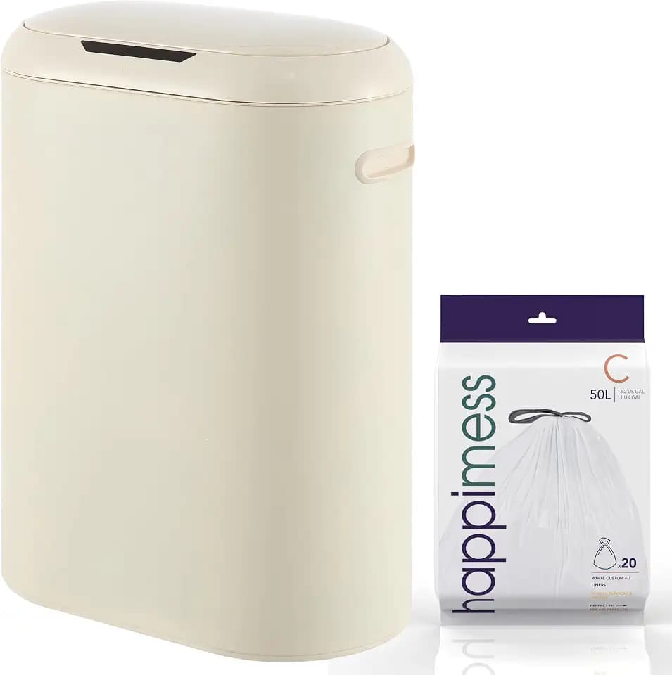 happimess 13.2 Gal Oval Motion Sensor Trash Can, Limestone Beige