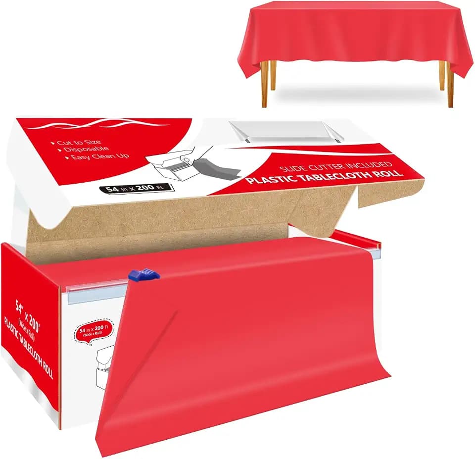 54 Inch x 200 Feet Red Plastic Tablecloth Roll Cut to Size Disposable Table Cover with Cutter Box Plastic Table Cloth for Party, Wedding, Birthday