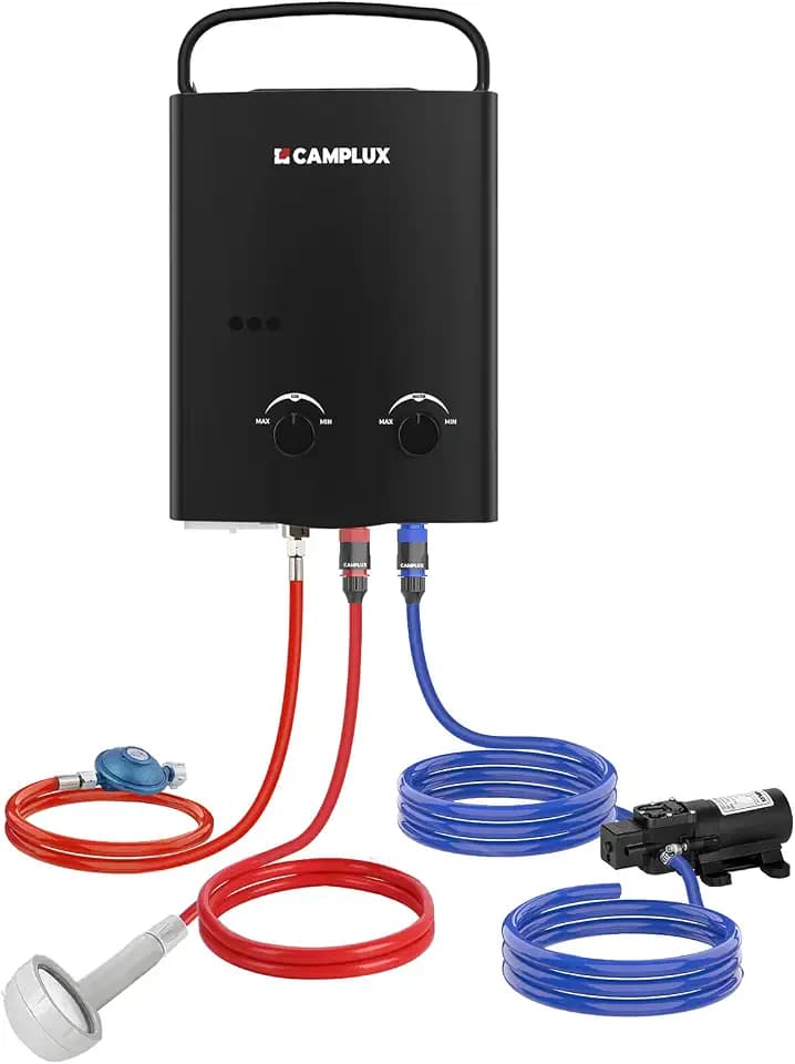 CAMPLUX AY132BP43-DE 5 Liter Gasdurchlauferhitzer mit 4,3L Wasserpumpe, Tankloser LPG Wassererhitzer mit Klappbarem Griff, für Camping Dusche/RV Reise/Waschen Pferd, Schwarz, 50mbar