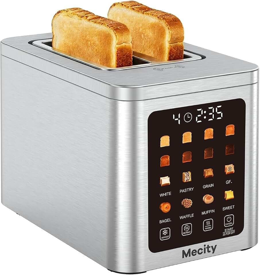 Mecity 2 Slice Smart Touchscreen Toaster, Stainless Steel Wide Slot Toasters with Auto Lift & 30-Minute Warm, Memory Function, Defrost & Auto Shutoff, Digital Electric Bread Toaster for Bagels