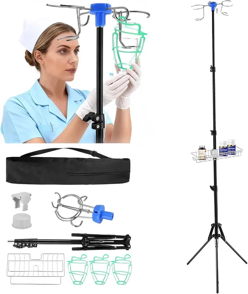 Klappbarer Infusionsständer höhenverstellbar bis 190cm – Mobiler IV-Ständer mit 4 Haken, 3 Netzbeuteln, Ablagekorb & Tragetasche, Rollen mit Bremse für Krankenhaus und häusliche Pflege