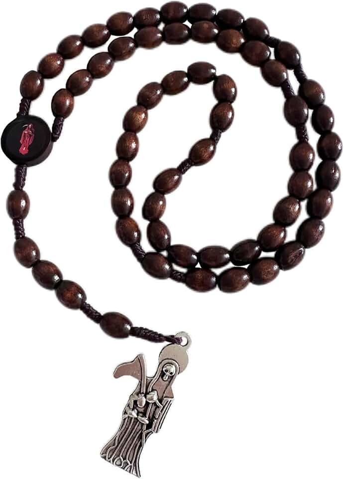 Bovemee NEW Wooden Santa Muerte Necklace Rosaries Beads Holy Death's Necklace Blessing Crafted Rosario de la santa muerte Prayer Gift For Men and Women