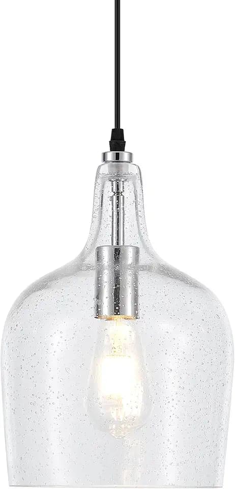 9” Chrome Seeded Glass Pendant Light Modern 1 Light Single Dome Pendent Lighting Fixtures for Kitchen Island Dining Room Hallway, UL Listed