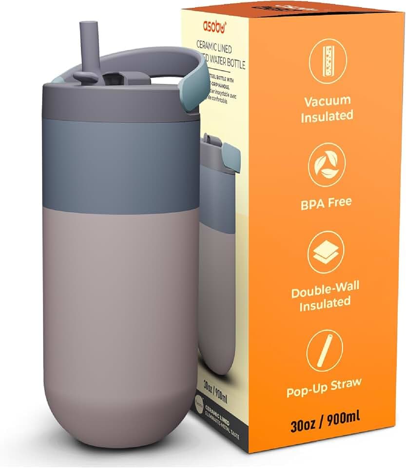 asobu Orbit Wasserflasche, 900 ml, schlanke isolierte Flasche mit Pop-Up-Deckel und Tragegriff, perfekt für Eiskaffee, Reisen und stilvolle Hydratation
