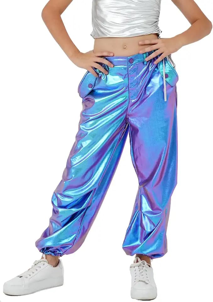 LOLANTA Girls Metallic Cargo Pants Shiny Adjustable Leg Opening Dance Pants