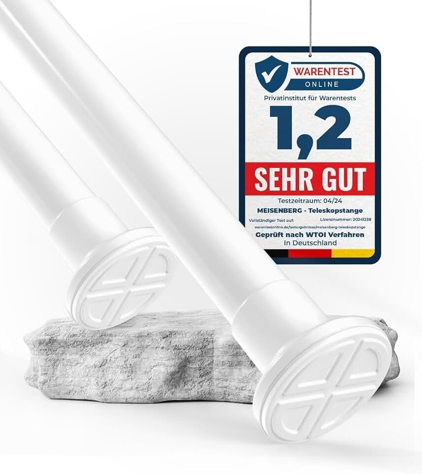 MEISENBERG Gardinenstange ohne Bohren 260-310cm, Ø32mm - Teleskopstangen | Werkzeuglose Montage, Rostfrei & Rutschfest - Spannstange für Fenster, Tür, Bad, Dusche, Schrank, Balkon, Trennwand, Weiß