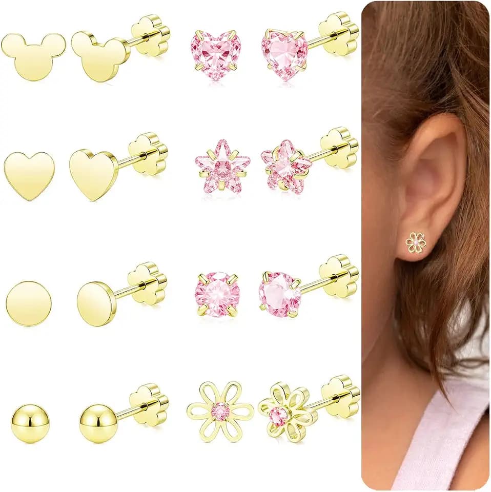 Hypoallergenic 14K Gold Earrings for Girls Women, Toddler Screw Back Baby Earrings for Sensitive Ears Silver Kids Earrings Cute Flower Heart Star Ball Dot Mouse Titanium Flat Back Stud Earring Sets