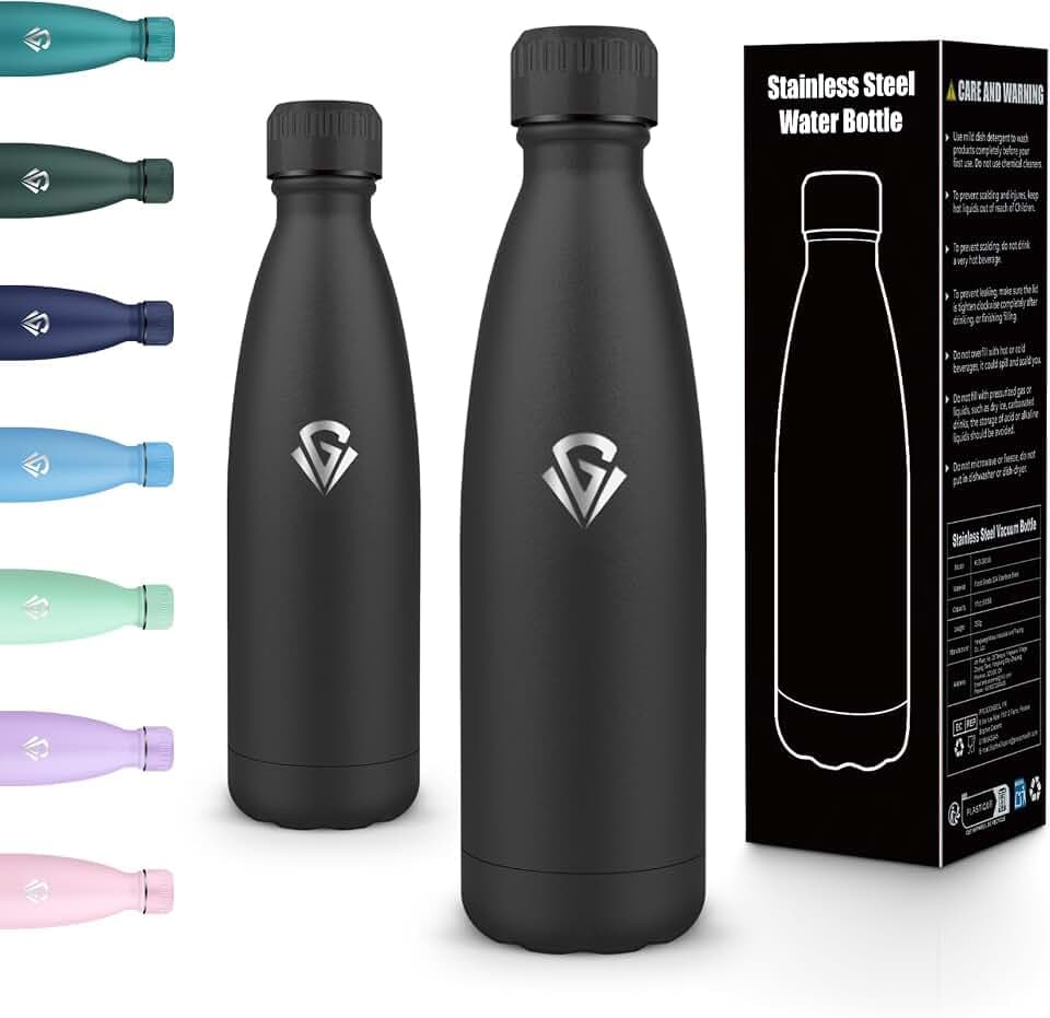 Motswedi Thermosflasche 500ml, Doppelwand Vakuum, Edelstahl Trinkflasche, Isolierte Wasserflasche, Trinkflasche Edelstahl, Leckdichte Flasche für die Schule,Büro, Fitness, Wandern, Schwarz-A