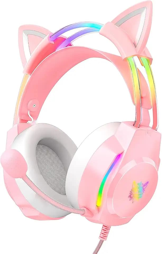 Gaming Headset mit Katzenohren & Mikrofon – RGB-Regenbogenbeleuchtung & 7.1 Virtual Surround Sound – 3,5-mm-kabelgebundene Over-Ear-Kopfhörer für PC/PS4/PS5/Xbox/Switch (Ergonomisches Design)