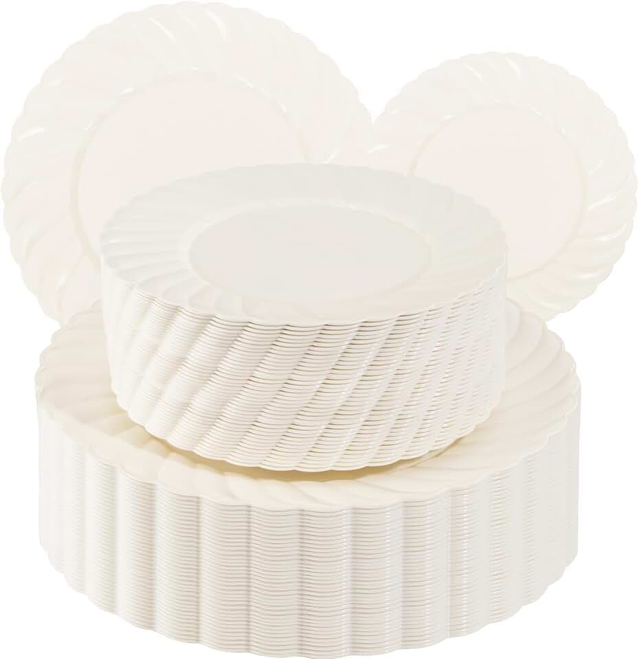 U-QE 100 Piece Ivory Scalloped Plastic Plates for Party & Wedding