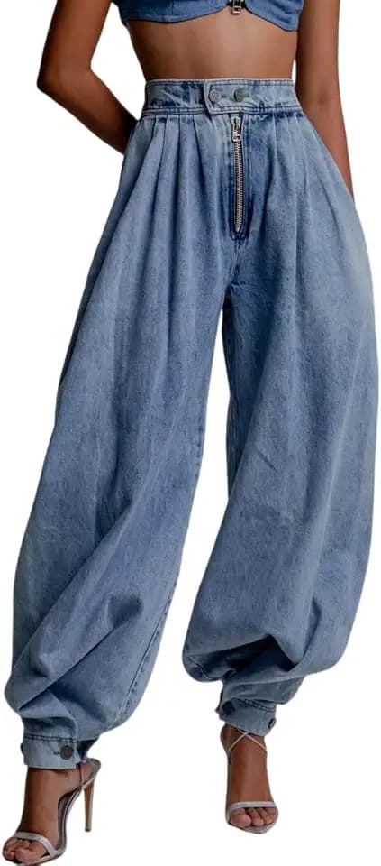yoeasy Womens Zipper Jeans High Waisted Loose Harem Trousers Baggy Wide Leg Vintage Balloon Casual Denim Pants