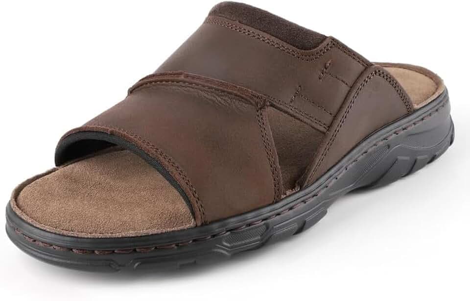 riemot Mens Leather Sandals Memory Foam Footbed Summer Beach Sandal Indoor Outdoor Thick Sole Non-slip Lightweight Slides Brown