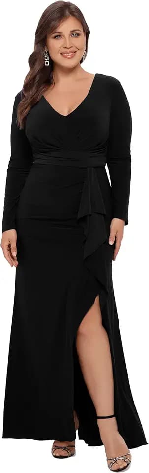 Betsy & Adam Women's Long Sleeve V-Neck Jersey Knit Formal Evening Gown with Side Slit and Cascading Ruffle Detail