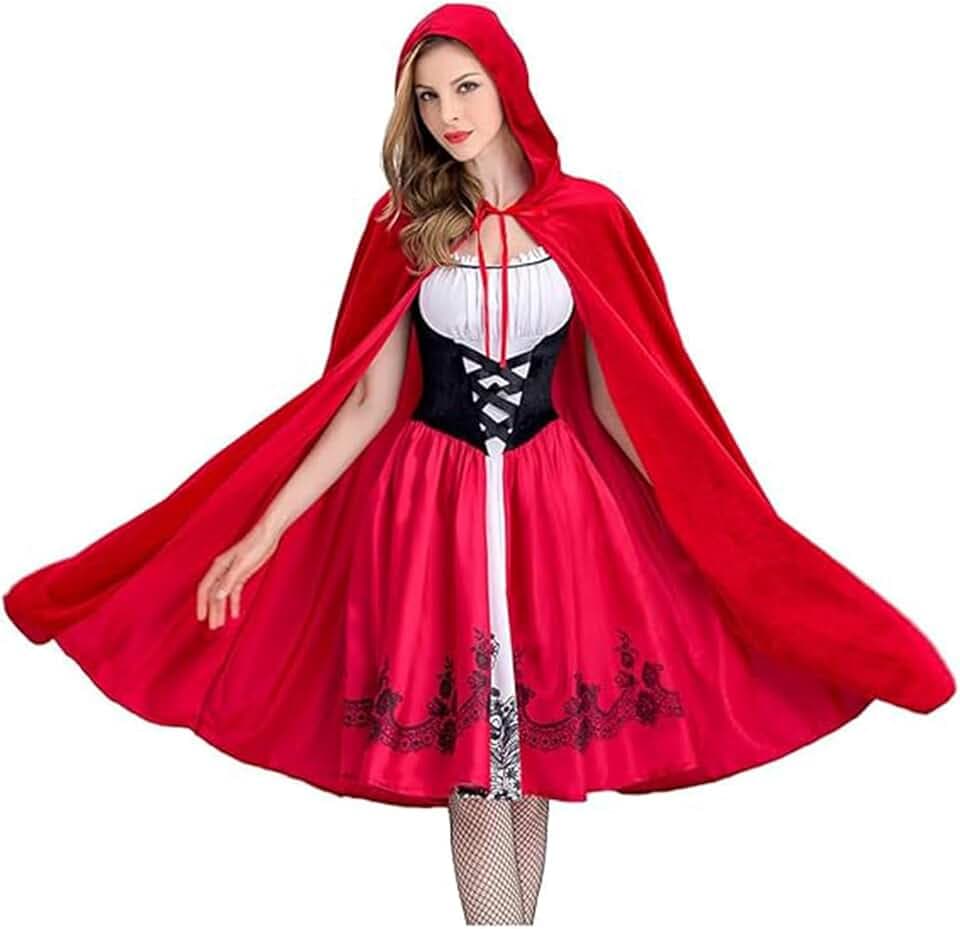 Damen Rotkäppchen Kostüm Weihnachten Halloween Gothic Dirndl Kleider mit Samt Cape Erwachsene Rollenspiele