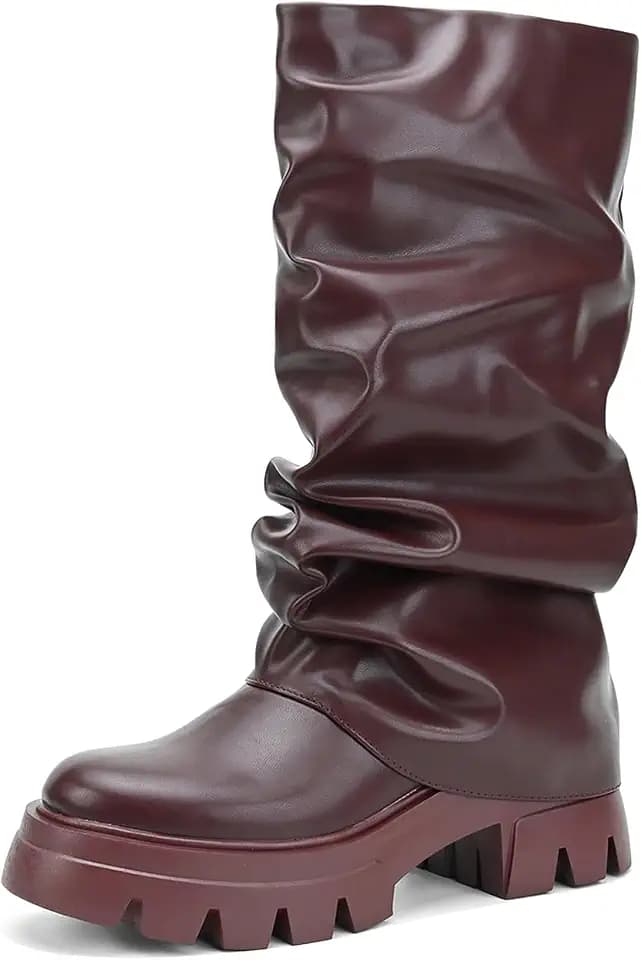 Women's Fold Over Boots Slouchy Platform Chunky Heels Ruched Mid Calf Boots