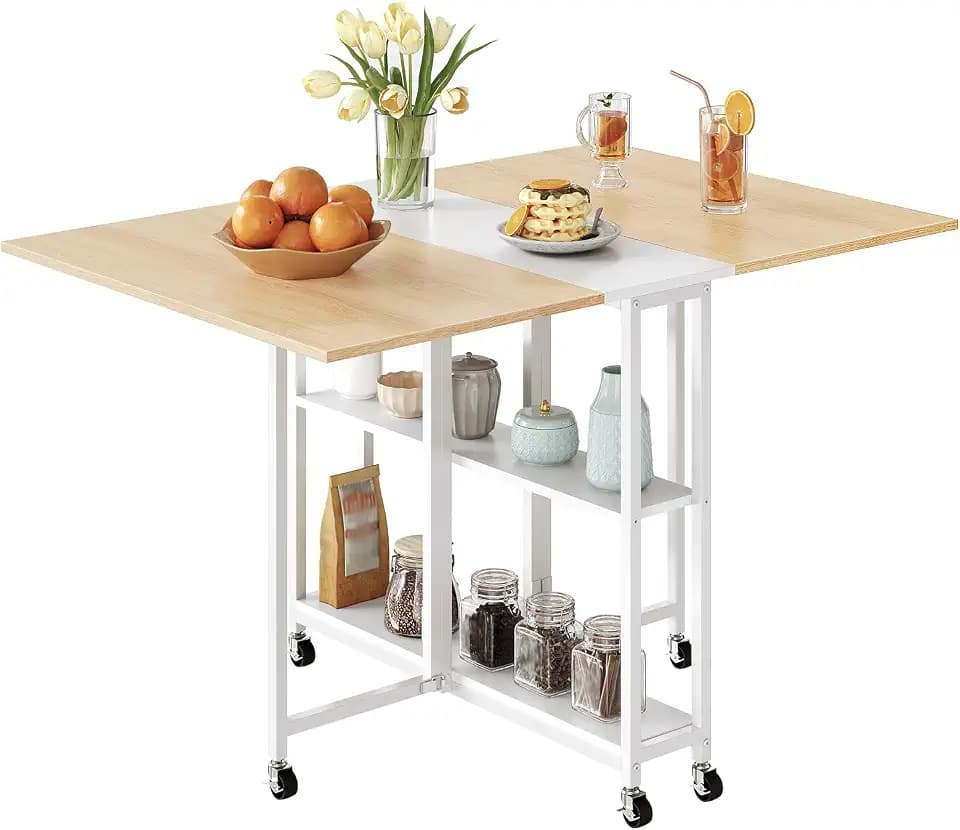 CHOEZON Klapptisch, Klappbarer Esstisch, Esstisch mit 6 Rollen und 2 Ablagen, Küchentisch, klapp- und erweiterbarer Schreibtisch für kleine Räume, Esszimmer, Wohnzimmer, Küche, Weiß und Natur DTCZ01WN
