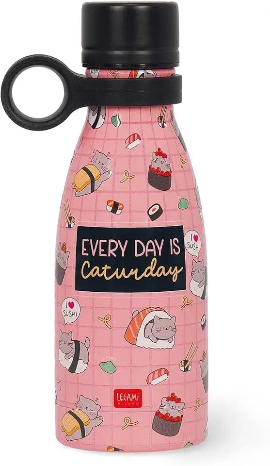 Legami - Vacuum Bottle Hot & Cold Mini, Sushi Cat, Leichte und widerstandsfähige Thermosflasche, Hermetischer Verschluss, Abnehmbarer Silikongriff, aus Edelstahl, Fassungsvermögen 300 ml