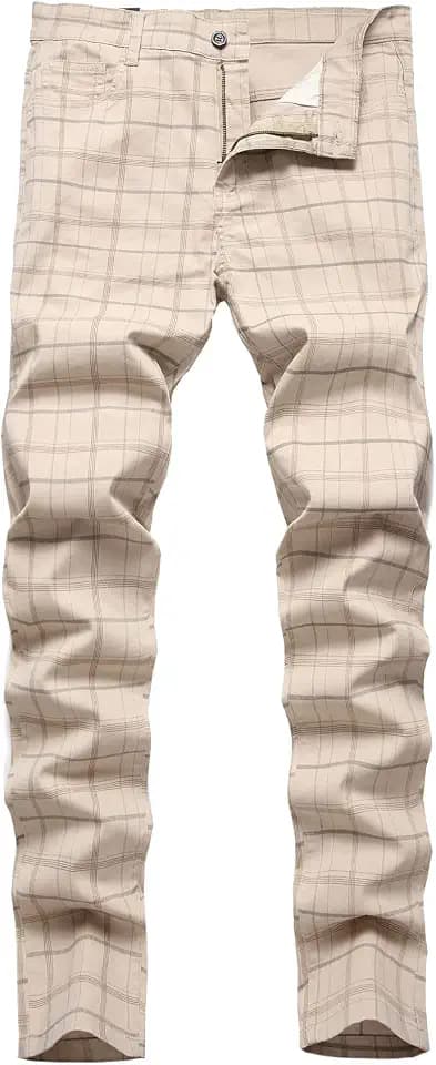 Keevoom Plaid Pants for Men Stretch Skinny Slim Fit Flat-Front Casual Fashion Comfy Solid Pencil Business Dress Chinos Pants