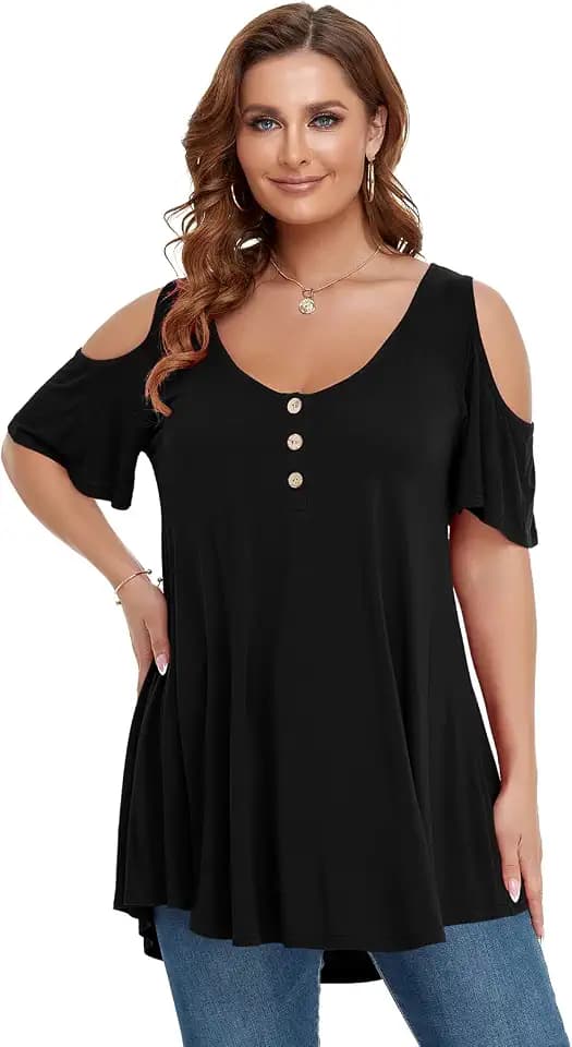 LARACE Women Plus Size Cold Shoulder Tops V Neck T Shirts Button Up Tunic