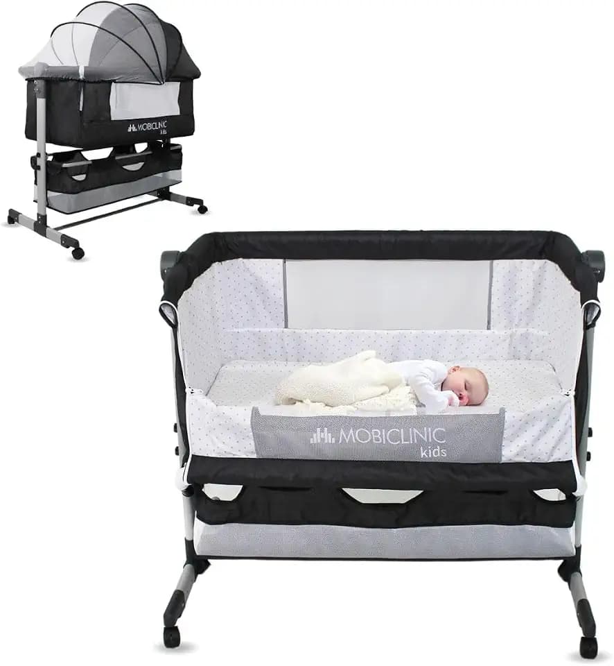 Mobiclinic®, 3-in-1-Babybett, Night, Beistellbett, Höhenverstellbar, Matratze, Moskitonetz, 360°-Rollen, Gurte, Aufbewahrungskorb, Bis 20 kg, Schwarz