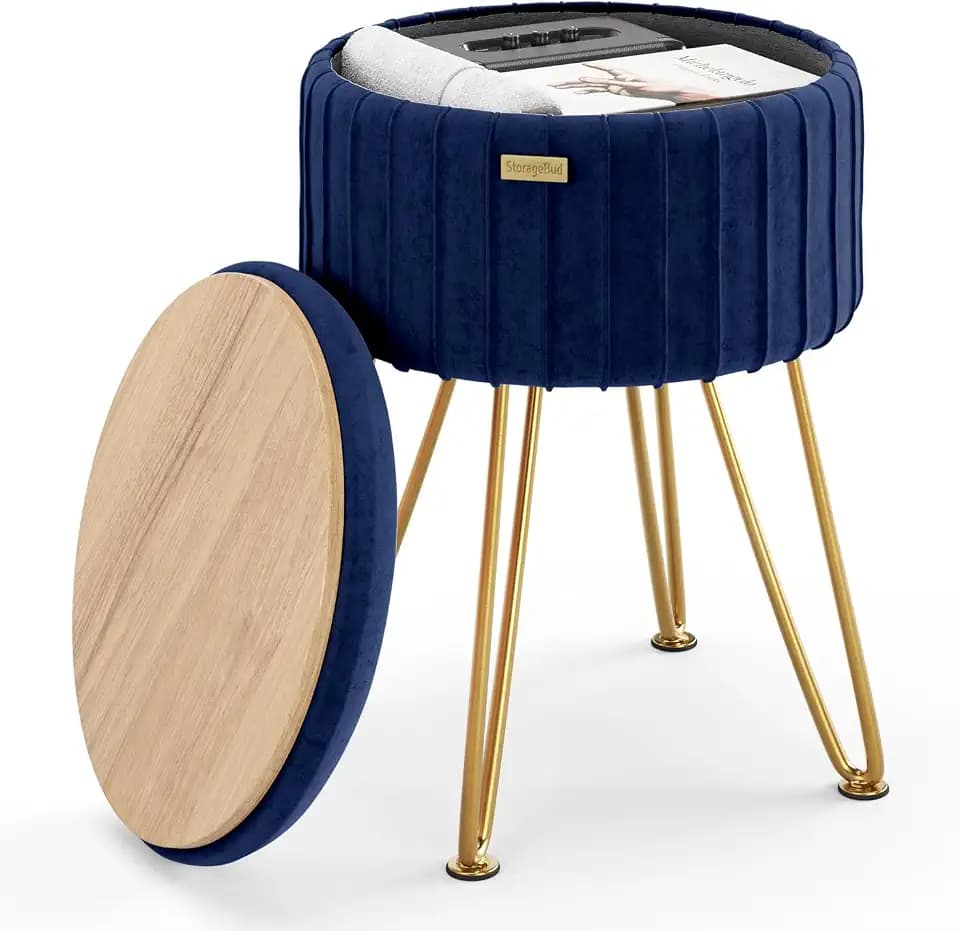 Round Ottoman with Storage, Pleated Velvet Storage Ottoman, Foot Stool Ottomans, Makeup Vanity Stool, Small Ottomans Foot Rest, Modern Vanity Stools for Living Room and Bedroom, Blue