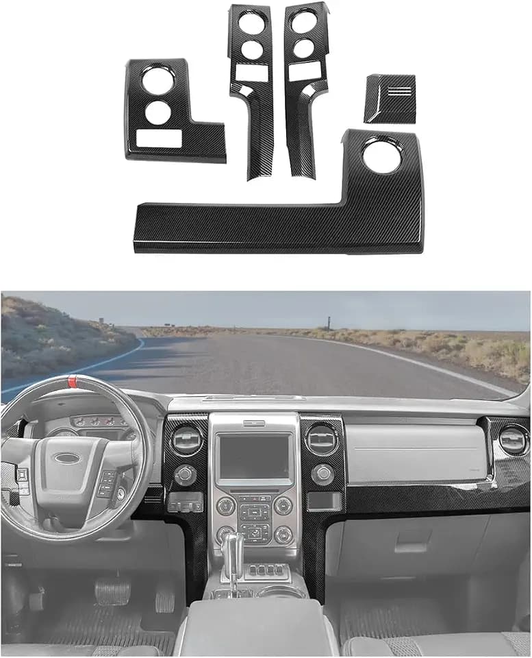 JWWY Carbon Fiber Interior Kit Center Console Dash Set fit for 2009-2014 Ford F150 Raptor,Air Vents Headlights Navigation and Passenger Side Panel Cover Trim Interior Accessories,5pcs