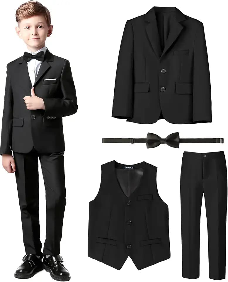Boys Slim Fit Suit, Formal Tuxedo Dress Suit Set for Teenage Boy 4 Pcs Toddler Suits